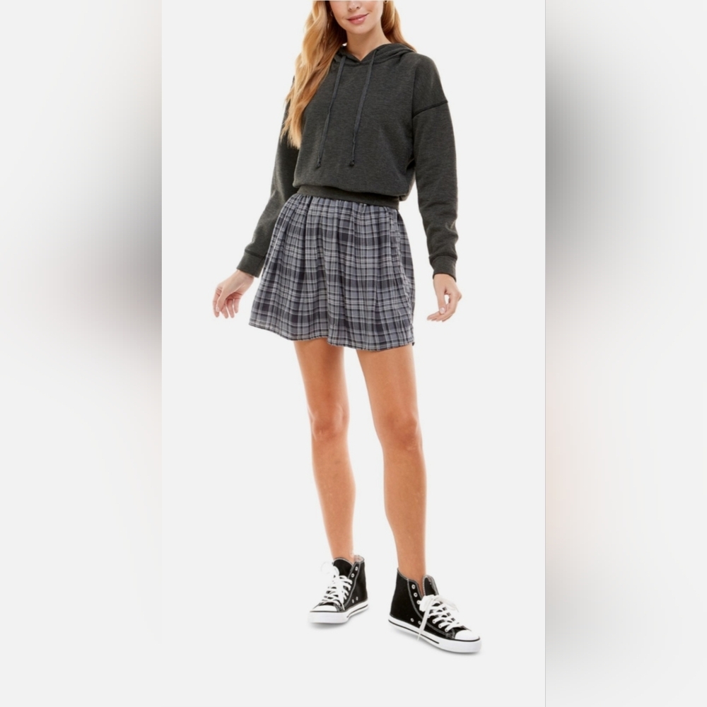 NEW KINGSTON GREY Pleated Drawstring Hoodie Layered Look Med